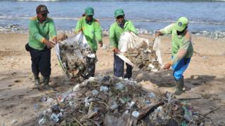 People work to clean up the mess on the beach