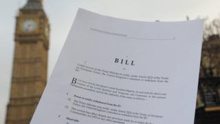 Second page of three of the Article 50 legislation which paves the way to start the Brexit process. The European Union (Notification of Withdrawal) Bill is a public bill presented to Parliament by the Government. The Bill was introduced to the House of Commons and given its First Reading on Thursday 26 January 2017
