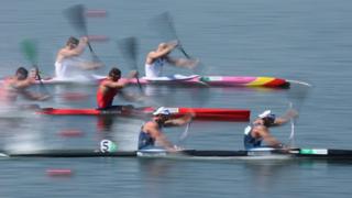 Jon Schofield and Liam Heath of Great Britain compete in the canoe sprint men's kayak double 200m semi-final