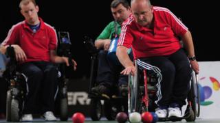 Nigel Murray of Great Britain throws a Boccia ball during the BT Paralympic Boccia International match between Ireland and Great Britain event at the Manchester Regional Arena on May 26, 2011 in Manchester, England.