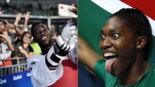L: Ivory Coast's taekwondo gold medallist Cheick Sallah Cisse takes a selfie with the crowd R: South Africa's 800m gold medallist Caster Semenya