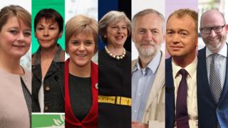 Composite image of the UK party leaders of the 2017 general election. L-R: Leanne Wood (Plaid Cymru), Caroline Lucas (Green), Nicola Sturgeon (SNP), Theresa May (Conservative), Jeremy Corbyn (Labour), Tim Farron (Liberal Democrat), Paul Nuttall (UKIP).