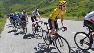 Geraint Thomas in the leader's yellow jersey in the 2018 Tour de France