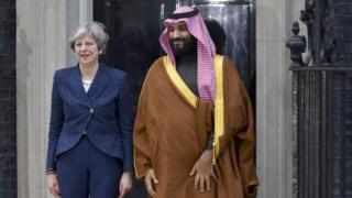 British Prime Minister Theresa May greeting Saudi Crown Prince Mohammed bin Salman at Downing Street in March 2018.