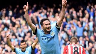 24-05-2015 of Manchester City's Frank Lampard celebrates scoring his side's first goal of the game during the Barclays Premier League match at the Etihad Stadium, Manchester.
