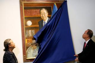 Outgoing United Nations Secretary General Ban Ki-moon and his wife Yoo Soon-taek unveil his official portrait at United Nations headquarters in New York City