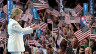 Democratic presidential candidate Hillary Clinton gives two thumbs up to the crowd before addressing the Democratic convention.