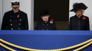 The Duke of Edinburgh, Queen Elizabeth and Duchess of Cornwall watching from balcony