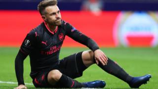 Aaron Ramsey of Arsenal reacts during the UEFA Europa League Semi Final second leg match between Atletico Madrid and Arsenal FC at Estadio Wanda Metropolitano on May 3, 2018 in Madrid, Spain.