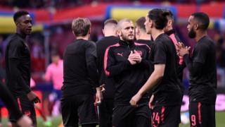 Arsenal players at the UEFA Europa League semi-final second leg football match between Club Atletico de Madrid and Arsenal FC.