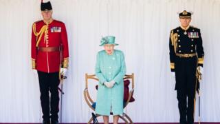 The Queen inspecting the troops at Trooping the Colour in 2020