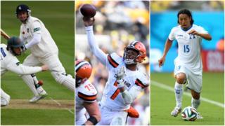 Image shows three images - Leicester Foxes playing cricket vs Kent, an NFL Cleveland Brown player holding a football and a Honduras player at the FIFA 2014 World Cup.