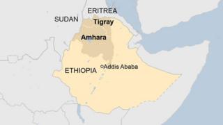 Map showing Tigray and Amhara regions of Ethiopia