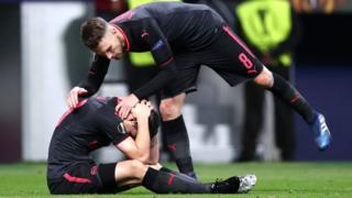 Aaron Ramsey and Granit Xhaka of Arsenal looks dejected after the UEFA Europa League Semi Final second leg match between Atletico Madrid and Arsenal FC at Estadio Wanda Metropolitano on May 3, 2018 in Madrid, Spain.