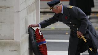 Prince Charles laying a wreath on the Cenotaph