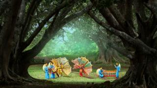 Image shows trees with figures shown in sunlight