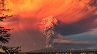 Smoke and ash rise from the Calbuco volcano as seen from the city of Puerto Montt