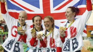 Joanna Rowsell Shand, Elinor Barker, Laura Trott and Katie Archibald celebrate during the medal ceremony for the women's team pursuit