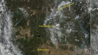 A satellite image of the Alberta wildfire shared by Chris Hadfield