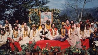 The Beatles and their wives at the Rishikesh in India with the Maharishi Mahesh Yogi, March 1968
