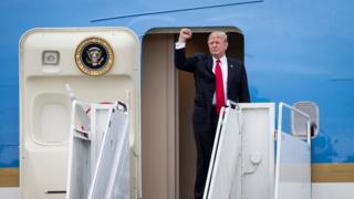 President Donald Trump arrives on Air Force One at the Palm Beach International Airport in West Palm Beach, Florida, on 3 March 2017.