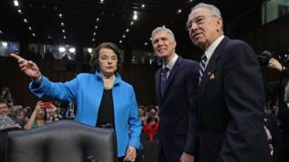 Committee leaders Chuck Grassley (R) and Dianne Feinstein with Neil Gorsuch