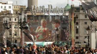 Big screen in Trafalgar Square showing JK Rowling and Harry Potter