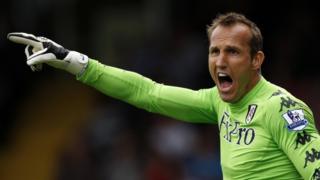 Fulham's goalkeeper Mark Schwarzer reacts during their English Premier League soccer match between Fulham and Aston Villa at Craven Cottage in London