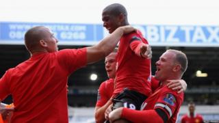 Ashley Young celebrates scoring the winning goal at Manchester United v West Bromwich