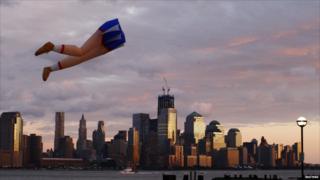 Kite is flown near the Hudson River at Hoboken in New Jersey on 28 August 2011
