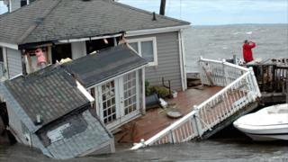 Half-submerged home in Pine Creek, Fairfield, Connecticut, after Tropical Storm Irene passed through on 28 August 2011