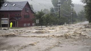 Flood waters close Route 100 in Waitsfield, Vermont, on 28 August 2011