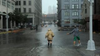 Flood waters in Dumbo Brooklyn, New York
