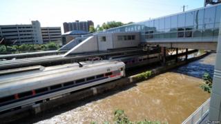 Trains are stuck at the Trenton Transit Center in New Jersey because of water on the tracks after Hurricane Irene.