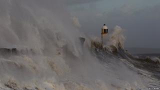 Waves in Porthcawl, south-east Wales, caused by strong winds