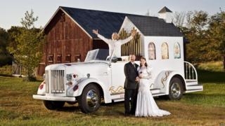 A fire truck converted into a wedding chapel
