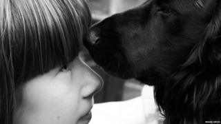 Megan's friend and pet spaniel looking at each other