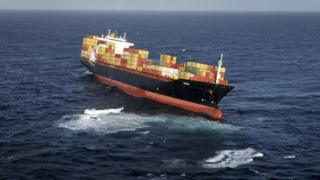 The cargo ship Rena in the middle of the water
