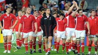 Welsh team walking round Eden Park Stadium, Auckland