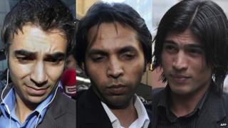 Former Pakistan captain Salman Butt (left), and former Pakistan cricketers Mohammad Asif (centre) and Mohammad Aamer (right)