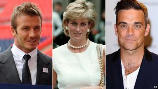 David Beckham. Princess Diana and Robbie Williams