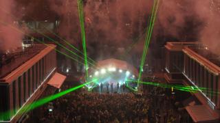 Lasers during Justin Bieber's performance at the Stratford Westfield shopping centre