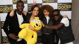 Wretch 32, Tulisa Contostavlos, Mz Bratt and Tinchy Stryder pose for a photo, holding Pudsey Bear
