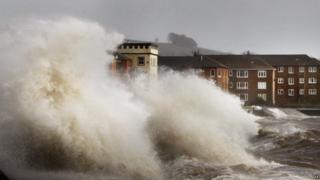 Waves batter the coastline in Helensburgh, Scotland
