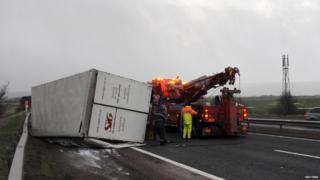 Overturned lorry on motorway near Stirling, Scotland