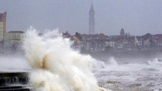 Waves crash against the coast in Blackpool