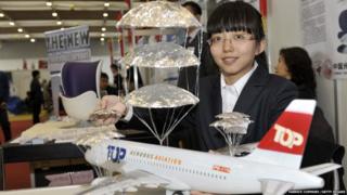 A plane with parachutes