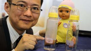 A baby bottle that changes colour when the milk inside it does