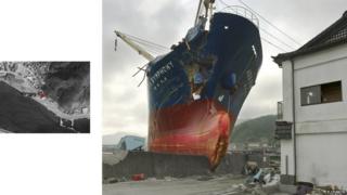 After the tsunami to hit Japan, a ship lies stranded