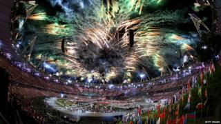 Fireworks finish off the London 2012 Olympic opening ceremony.